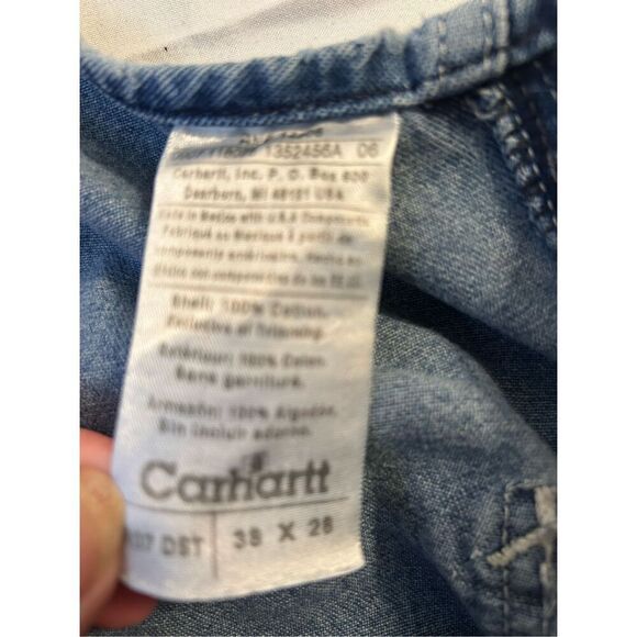 Carhartt 38x28 blue jean denim overalls USA thrashed‎ (missing buckle) rn#14806 - Picture 8 of 14